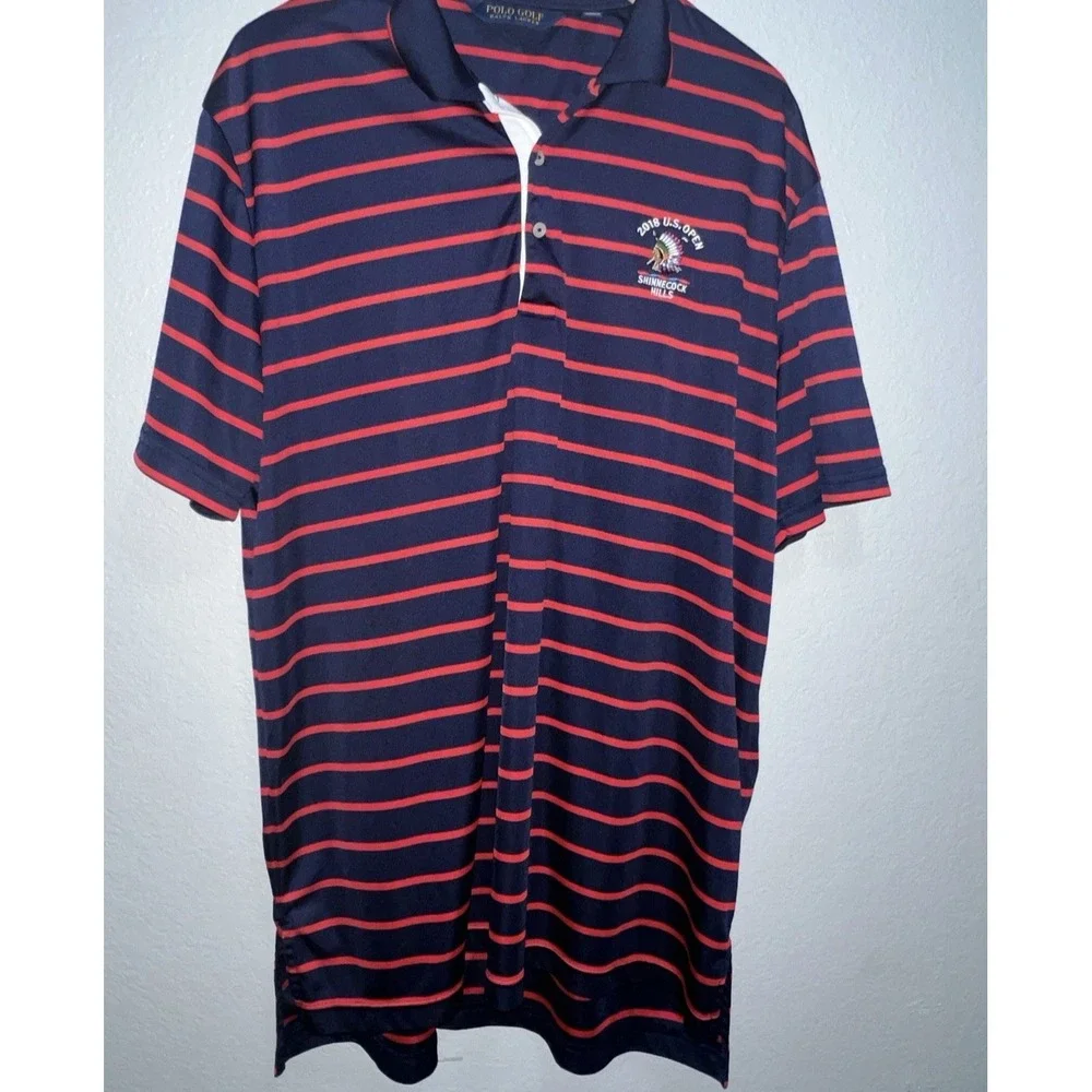 Polo Golf Ralph Lauren Mens XL Red Blue Striped Polo Shinning Rock Logo Preppy